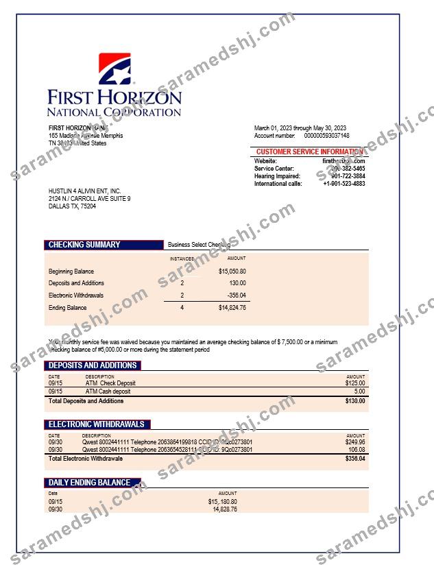 First Horizon Bank company checking account statement Word and PDF template